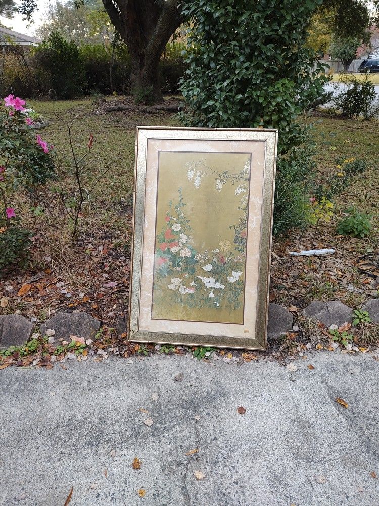 Antique Asian Poppies Floral Large Picture Framed In Gold Bamboo