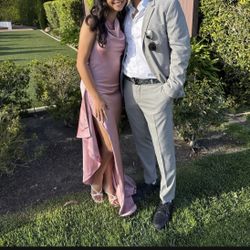 Dusty pink satin wedding guest dress 