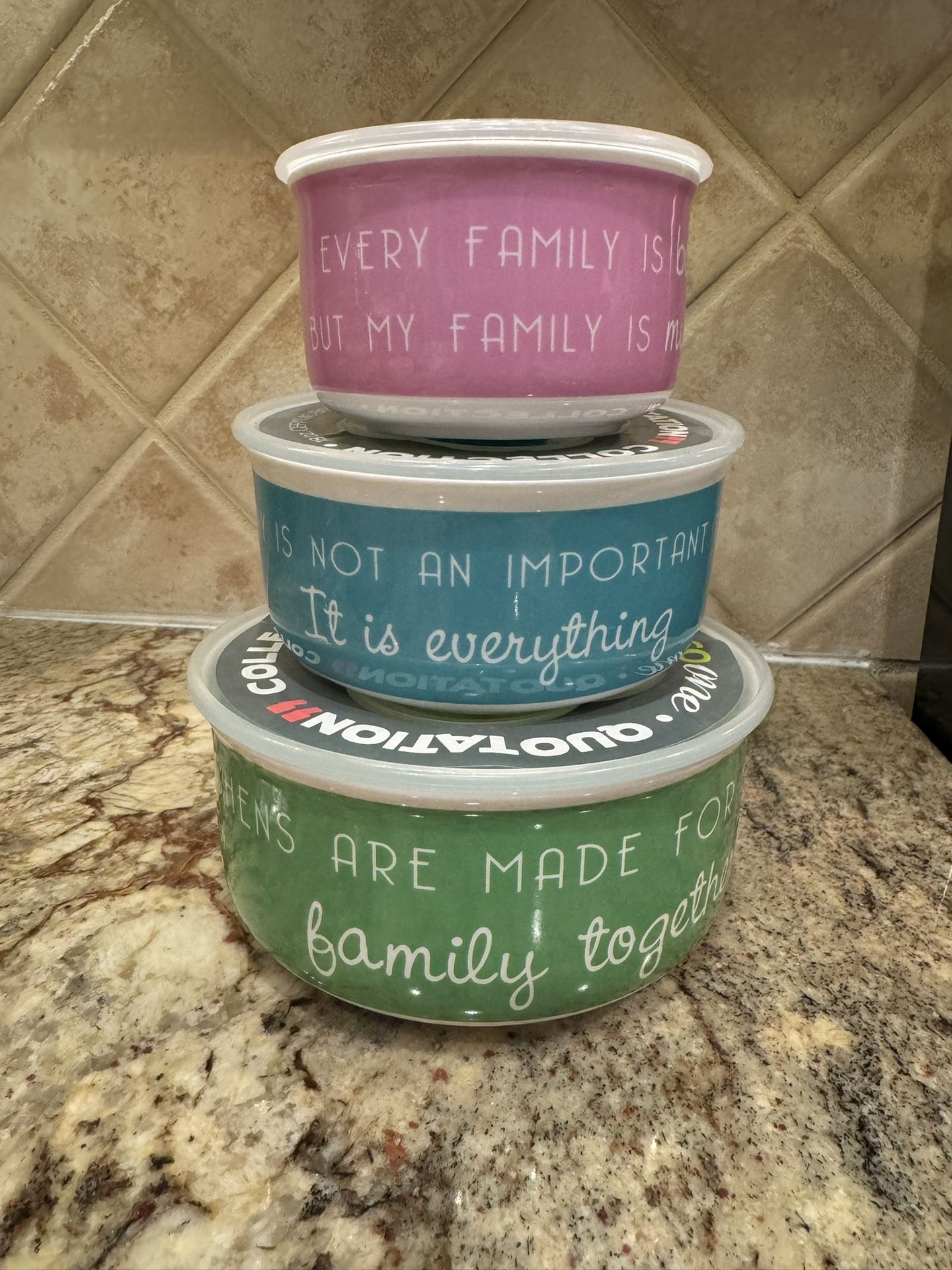 New Ceramic Food Storage Serving Bowl Containers With Lids Has Family Quotes Serve And Store NESTING bowls Still have labels on them, never used, woul