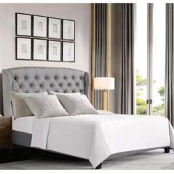 Queen size bed frame Wingback Bed/Tufted Headboard Adjustable Bed Gray B-23