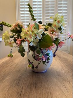 Decorative Ceramic Floral Pitcher with Faux Flower Arrangement –