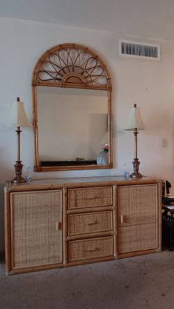 Rattan Bamboo Dresser With Mirror