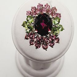 14k Gold Rhodolite Garnet, Pink Tourmaline, And Peridot Ring