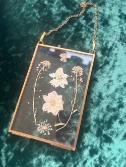 White flower glass window brass frame art