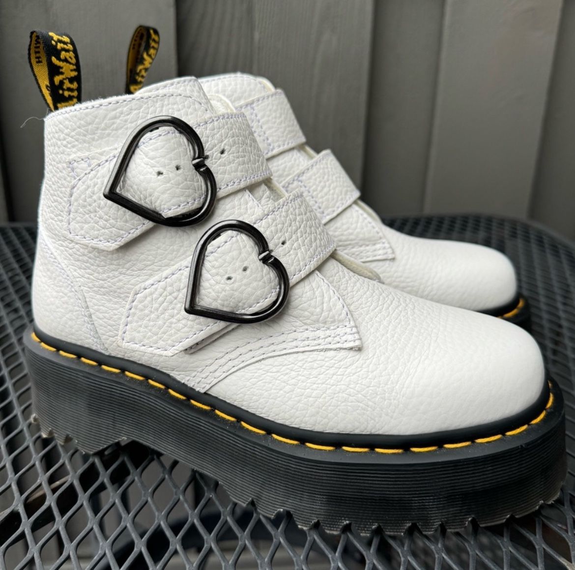 Dr. (Doc) Martens white leather Heart Buckle platform boots in women's size 7