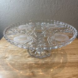Vintage Lead Crystal Pedestal Cake Stand, Etched Flowers with Scalloped Edges, more👇