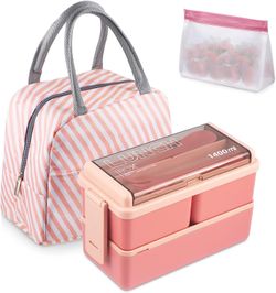 Stackable Bento Box Kit, 47.35OZ Bento Box Adult Lunch Box, 3 Compartments Bento Lunch Box with Lunch Bag and Utensils, Meal Prep Containers for Adult