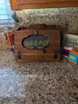 Vintage wooden bread box, counter top kitchen breadbox, with glass panel dated 1984
