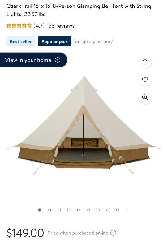 Ozark Trail 15' x 15' 8-Person Glamping Bell Tent with String Lights, 22.57 lbs