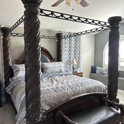King Size Canopy Bed, Dresser With Mirror , 2 Night Stands  And Bench