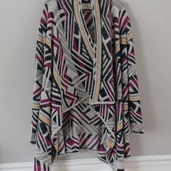 Lucky Brand Long Line Gray, black, magenta purple and yellow Aztec design Open Front Cardigan.