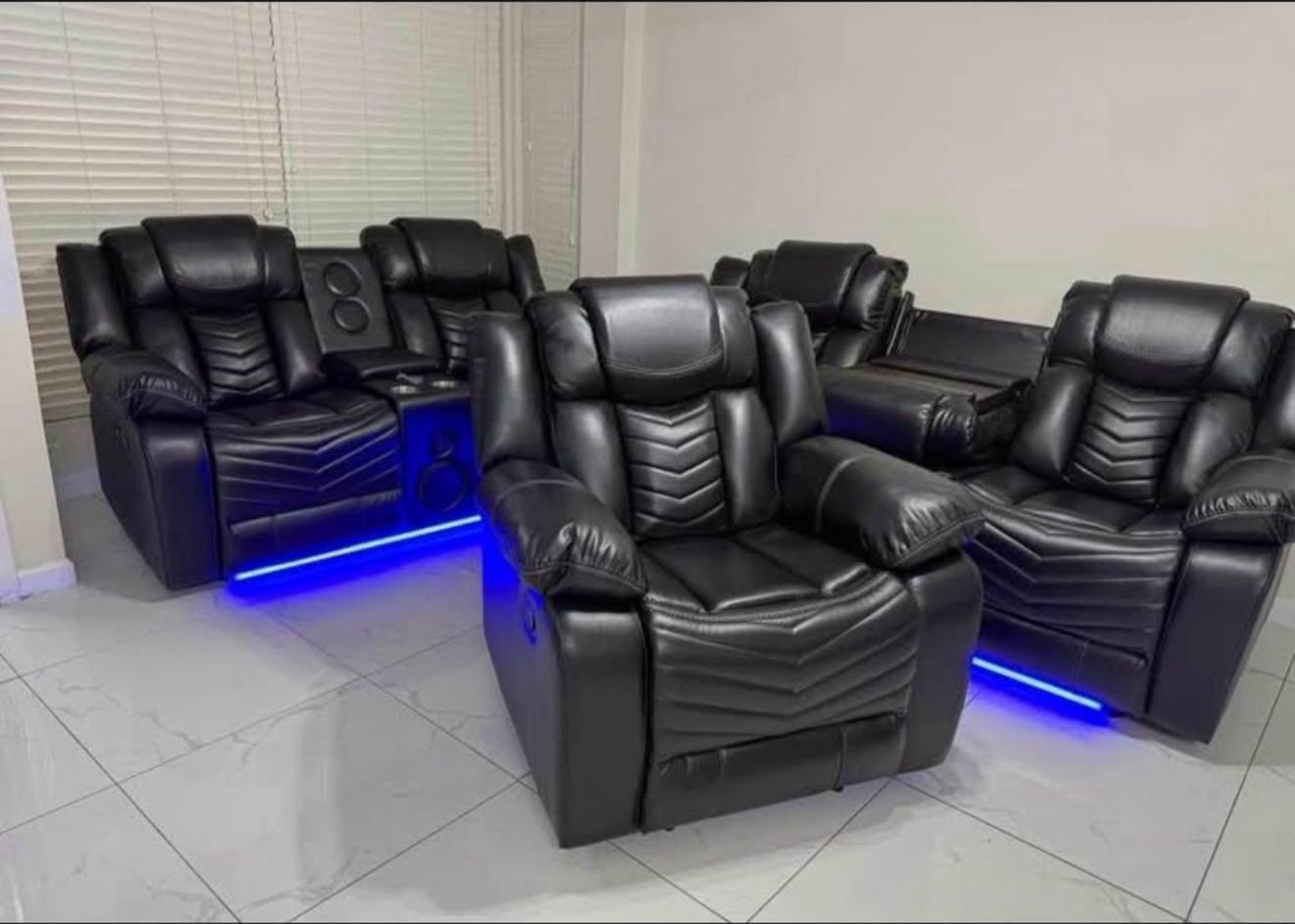 Sofa Drop Down Table w/ 2 Cup-Holders & Power Outlets Bluetooth Subwoofer Speaker in Loveseat