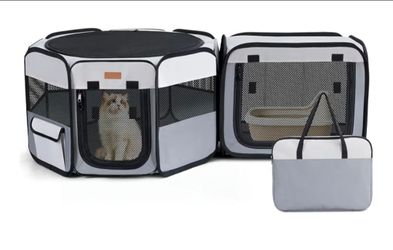 2-in-1 Pet Playpen:Our portable cat playpen consists of two connected rooms