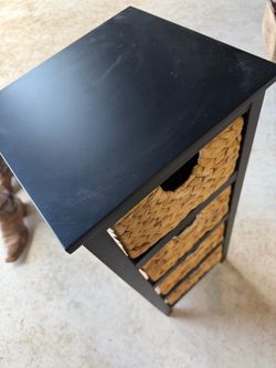 Black Wood Side Table with Wicker Baskets