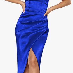  One Shoulder Slit Prom Dress Backless Sleeveless Spandex Satin Ruched Midi Length Formal Gowns Evening Dress for Women