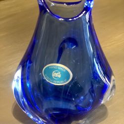 Vintage Czech Republic Art Glass Vase Miloslav Klinger 1960s Blue MCM4 1/2”
