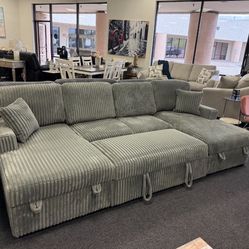 Gray Corduroy Sectional Sleeper Couch With Storage Chaises