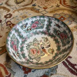 Mid Century Chinese Export Rose Medallion Punch Bowl on Wood Stand