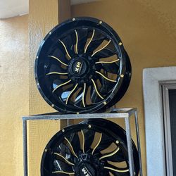 EXTREME MUDDER XM-329 Gloss black with gold SET FOR CHEVY GMC FORD RAM 