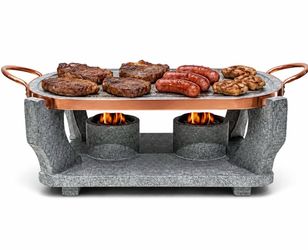 Handcrafted Brazilian Soapstone 16x9" Tabletop Griddle Grill 2-Burner Rechaud Set -NEW
