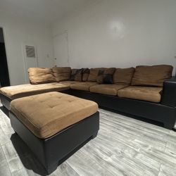 Brown And Black Couch with Ottoman 