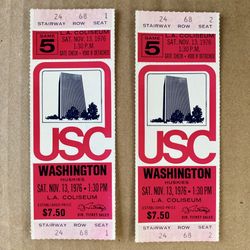 11/13/1976 USC Trojans vs Washington Huskies Football Game at L.A. Coliseum Ticket Stub