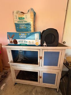 Small animal cage - with hay, bedding, carrier, water bottle