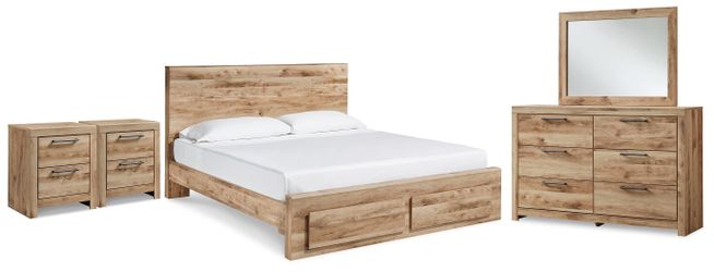 Hyanna Tan Brown King Panel Storage Bed, Dresser, Mirror and 2 Nightstands