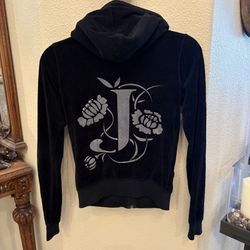 Vtg JUICY COUTURE Velour Pink Rhinestone Floral Print Zip Hoodie Y2K Jacket-S