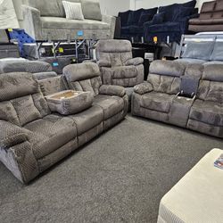 Super Deal XL Sofa Recliners Soft Fabric In Dark Grey Cup Holder Trade & Storage 3 Pcs $1199