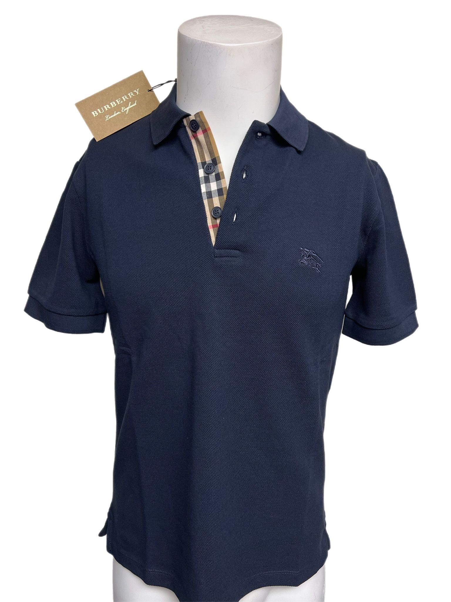 Burberry Mens Navy Check Placket Polo Shirt