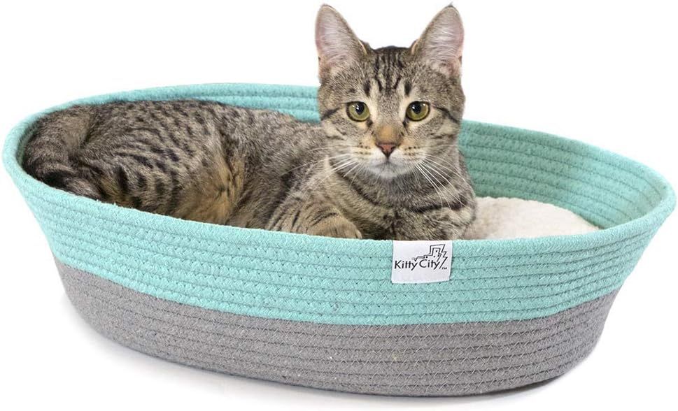 Kitty City Cat Bed, Cotton, 14"W x 19"L x 5"H Rope Bed - Mint Green & Gray