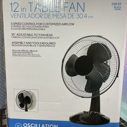  12" Table Fan, 80° Oscillation, 3 Speeds, Adjustable Head Tilt, Ideal for Home, Bedroom or Office, Black New