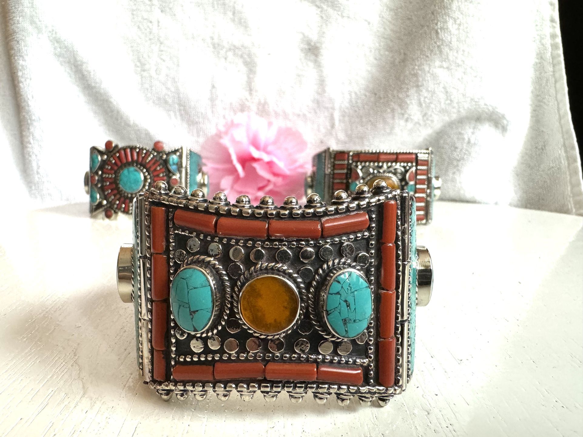 Vintage and handmade Tibetan silver Bangle inlaid with Coral and Turquoise handmade 122grams