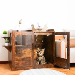 Cat Litter Box Enclosure with LED Light – Indoor Cat House with Shelves and Hidden Litter Area