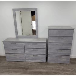 GRAY DRESSER WITH MIRROR AND CHEST _ CÓMODA CON ESPEJO Y GAVETERO GRIS 