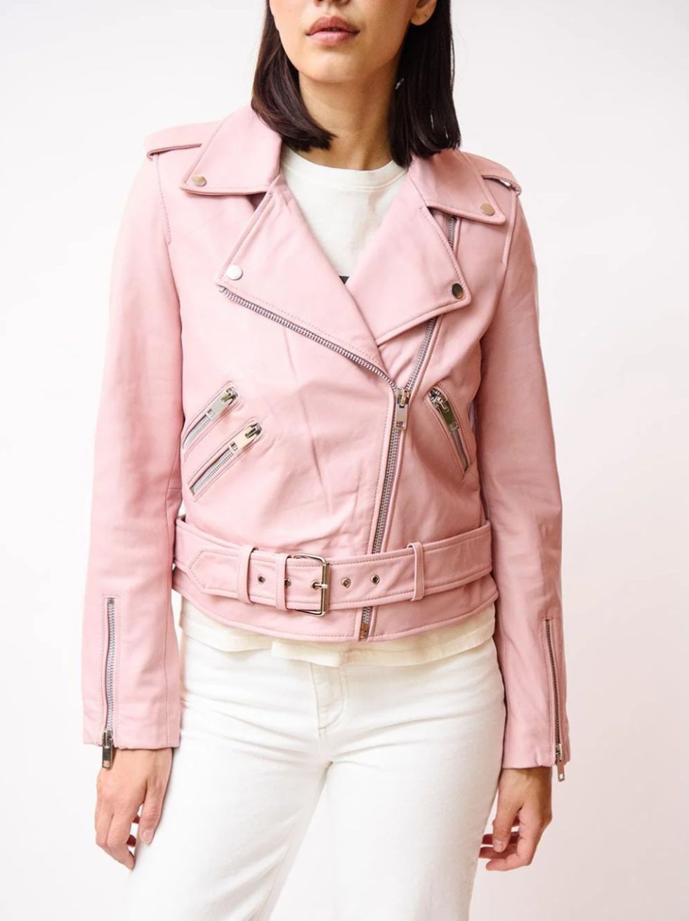 ZARA Pastel Pink Leather Motorcycle Jacket with Asymmetrical Zipper