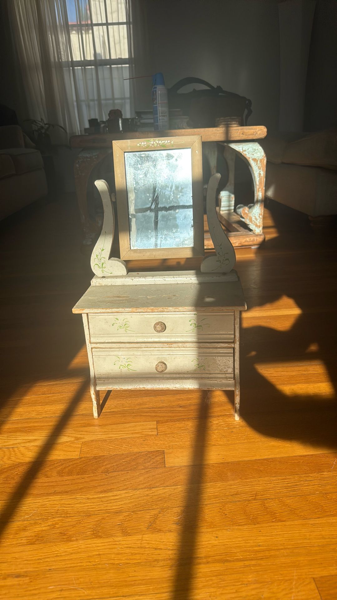 Charming vintage miniature dollhouse vanity dresser in classic shabby chic style! This sweet little piece features distressed creamy white paint with