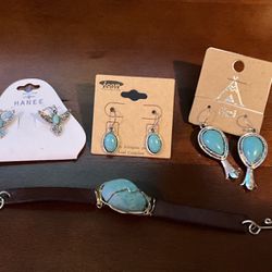 3 set Turquoise Earrings & Turquoise Leather Wristband