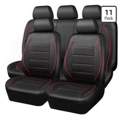 Universal FIT Piping Leather Car Seat Cover, for suvs,Van,Trucks,Airbag Compatible,Inside Zipper Design and Reserved Opening Holes (Full Set, Black an