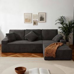 L-shaped sectional sofa, deep seat plush corduroy upholstery, memory foam, comfortable plush sofas for living room (black, right-facing divan)