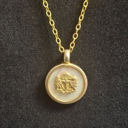 Vintage Trinity Broadcasting Christian Network Goldtone Medallion With Mother Of Pearl Style Acrylic Background On 18" Goldtone Chain