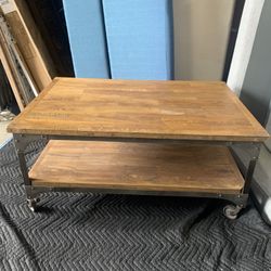 Wood & Metal Coffee Table On Wheels