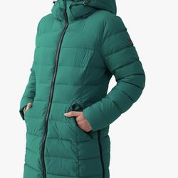 IKAZZ Women's Winter Warm Coat Packable Long Hooded Outwear Vegan Down Parka Jacket