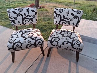 🌹🖤 GORGEOUS Pair of Black & White Floral Accent Chairs (Armless Slipper Style) ✨🛋️