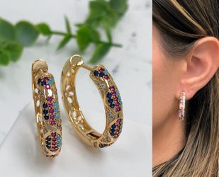 18K Gold Plated Multicolor Zirconia Hoop Earrings