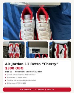 Air Jordan 11 Retro Cherry Size 10 – Brand New