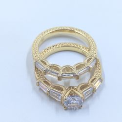 Sterling Silver Yellow Gold Plated Vintage Round & Baguette Cut Clear CZ Engagement Ring Set Size 7