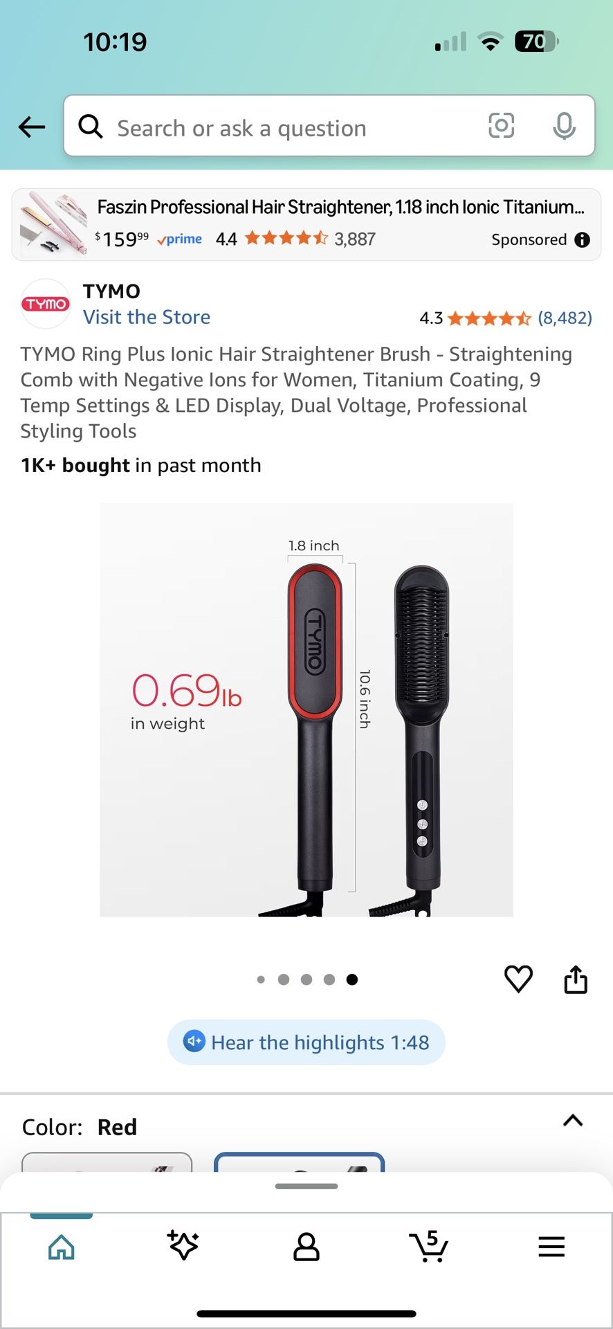 TYMO Ring Plus Ionic Hair Straightener Brush - Straightening Comb with Negative Ions for Women, Titanium Coating, 9 Temp Settings & LED Display, Dual