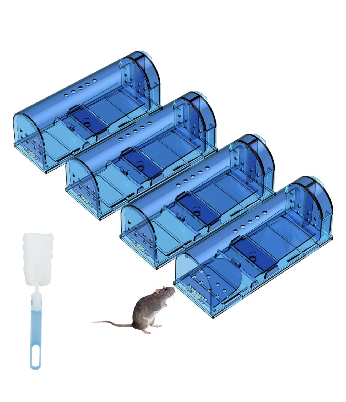 4 Pack Humane Mouse Traps No Kill, Catch and Release Live Mouse Trap Indoor for Home, Reusable Mice Trap Cage with Cleaning Brush(Blue)